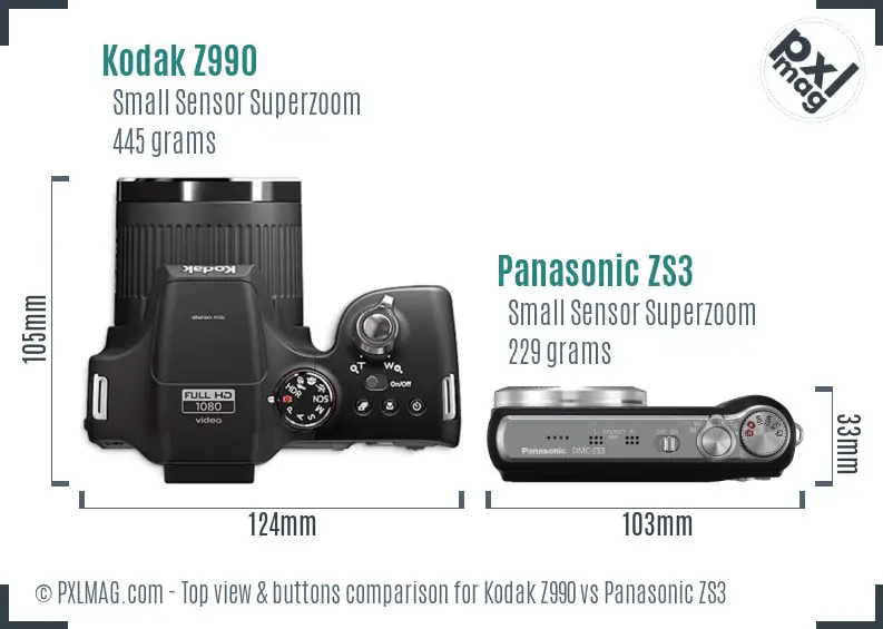 Kodak Z990 vs Panasonic ZS3 top view buttons comparison