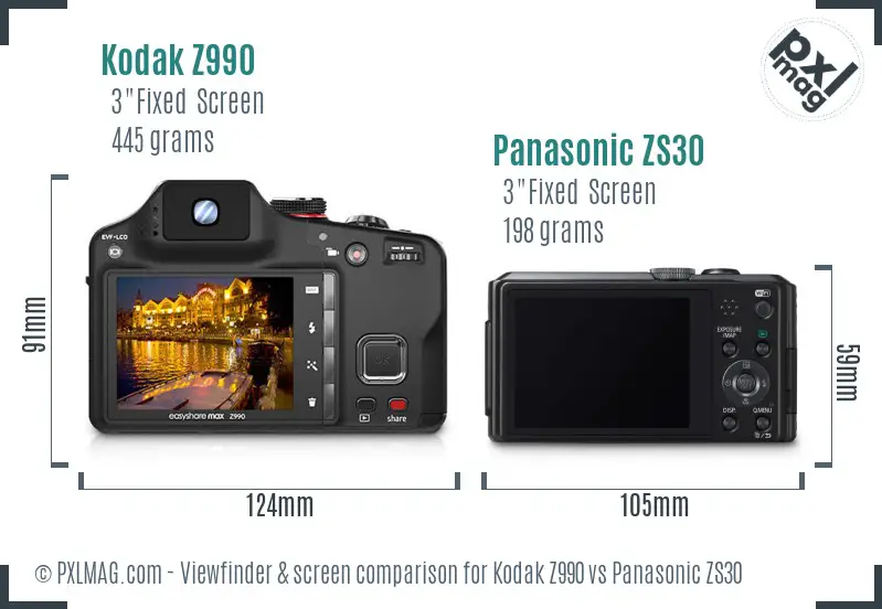 Kodak Z990 vs Panasonic ZS30 Screen and Viewfinder comparison