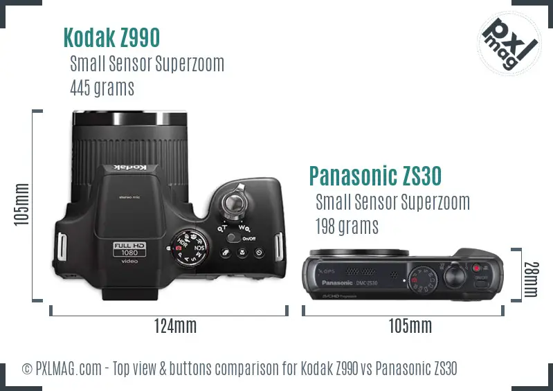 Kodak Z990 vs Panasonic ZS30 top view buttons comparison
