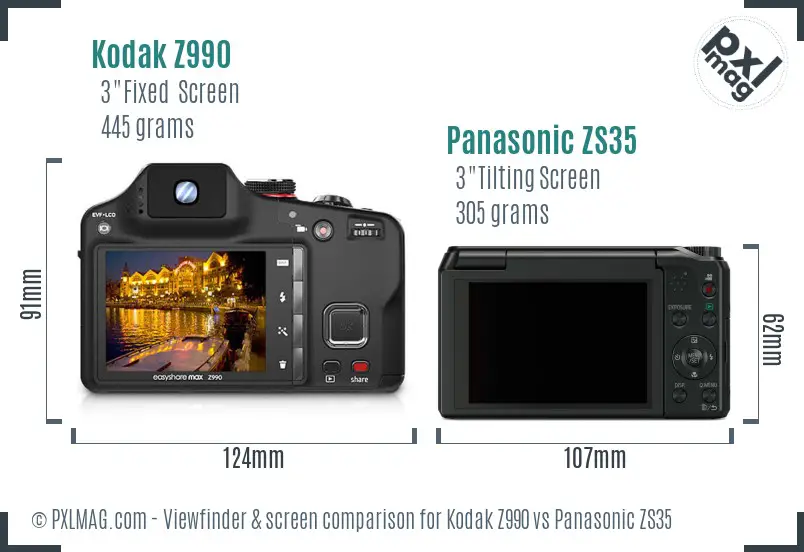 Kodak Z990 vs Panasonic ZS35 Screen and Viewfinder comparison