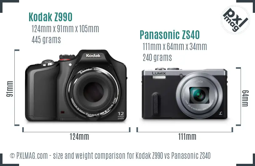 Kodak Z990 vs Panasonic ZS40 size comparison