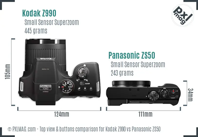 Kodak Z990 vs Panasonic ZS50 top view buttons comparison