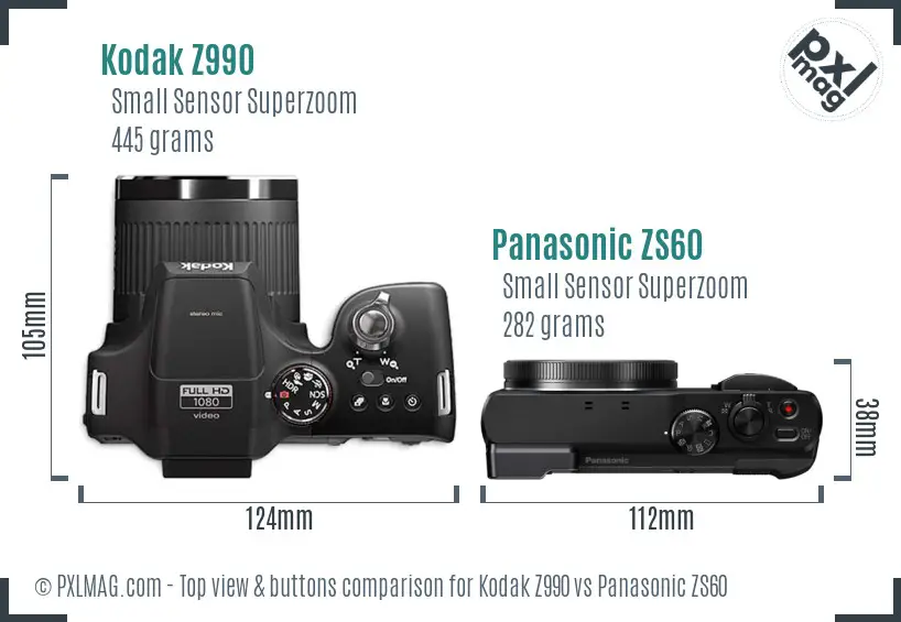 Kodak Z990 vs Panasonic ZS60 top view buttons comparison Kodak Z990 vs Panasonic ZS60 top view buttons comparison