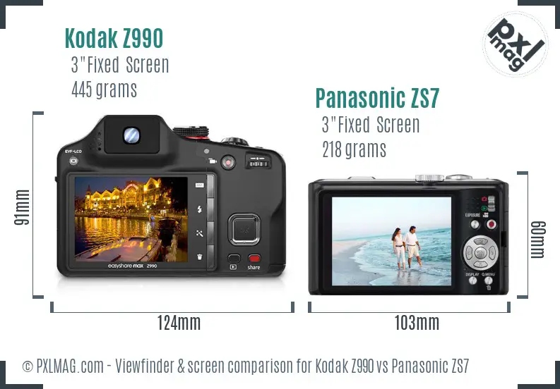 Kodak Z990 vs Panasonic ZS7 Screen and Viewfinder comparison