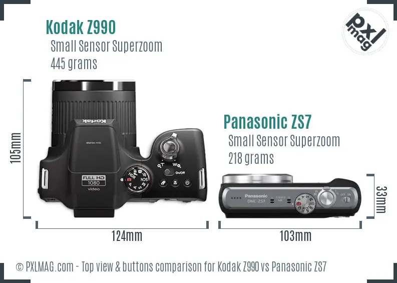 Kodak Z990 vs Panasonic ZS7 top view buttons comparison