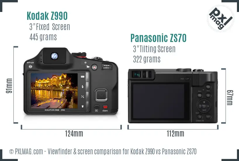 Kodak Z990 vs Panasonic ZS70 Screen and Viewfinder comparison