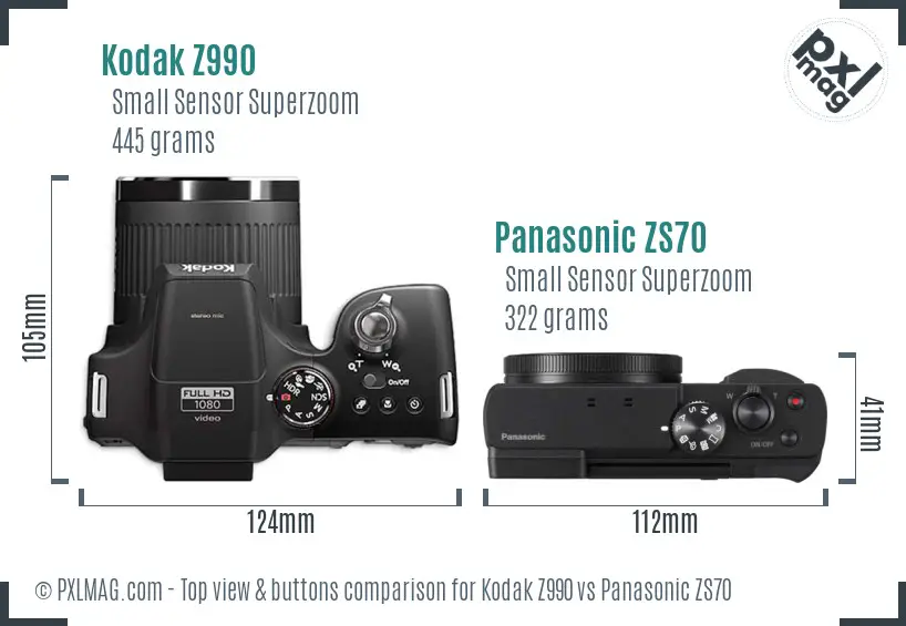 Kodak Z990 vs Panasonic ZS70 top view buttons comparison