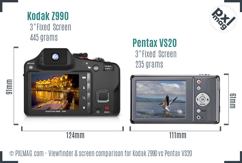 Kodak Z990 vs Pentax VS20 Screen and Viewfinder comparison