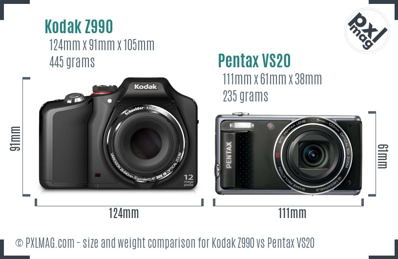 Kodak Z990 vs Pentax VS20 size comparison
