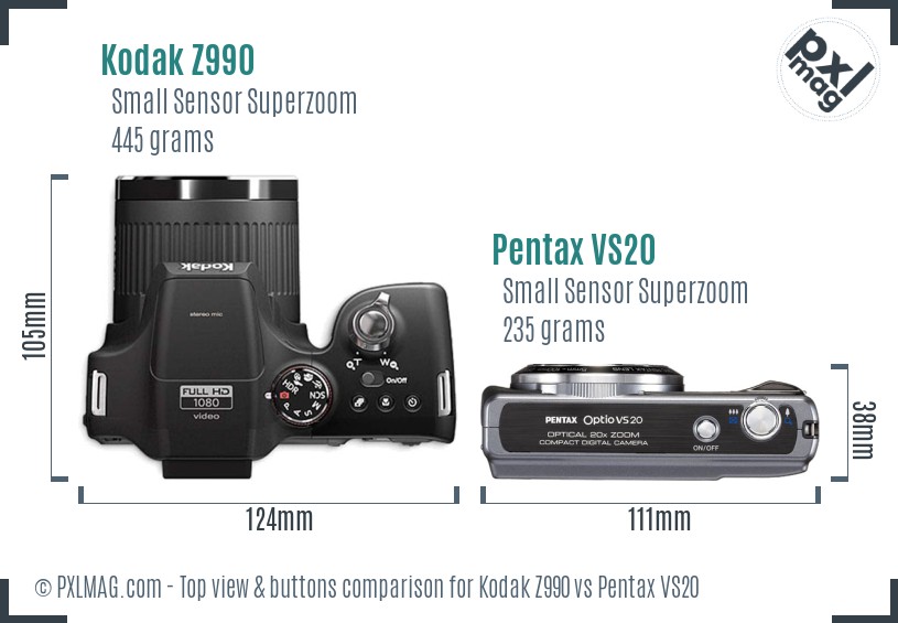 Kodak Z990 vs Pentax VS20 top view buttons comparison