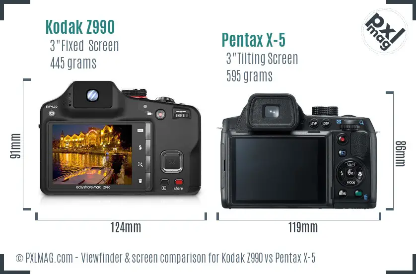 Kodak Z990 vs Pentax X-5 Screen and Viewfinder comparison