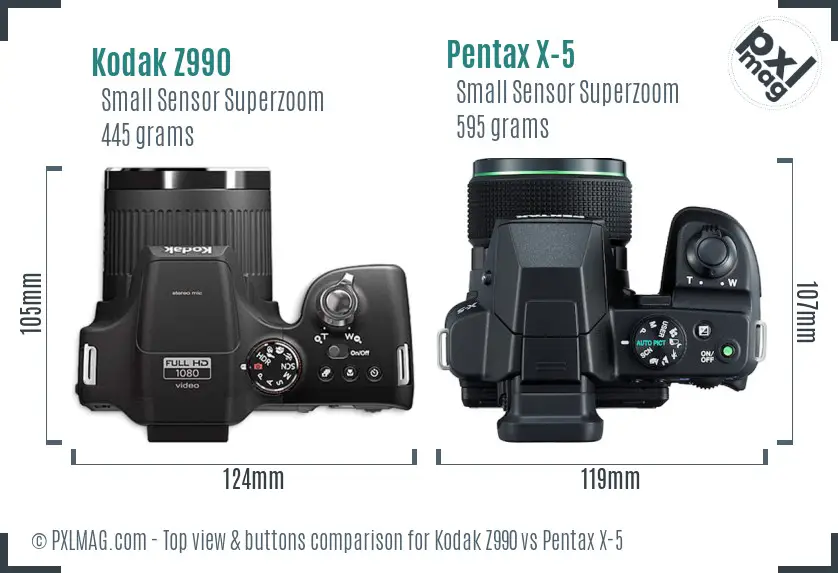 Kodak Z990 vs Pentax X-5 top view buttons comparison