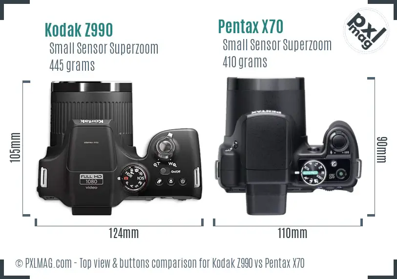 Kodak Z990 vs Pentax X70 top view buttons comparison