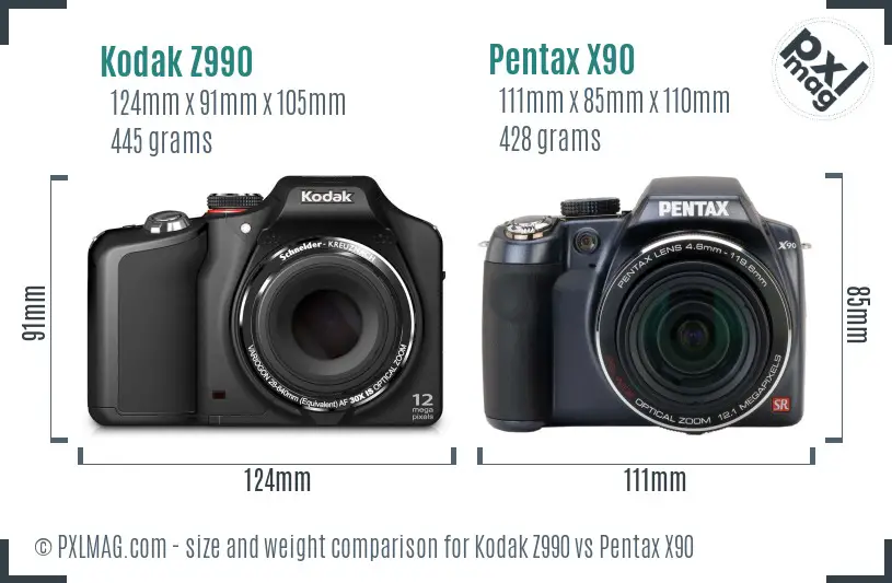 Kodak Z990 vs Pentax X90 size comparison