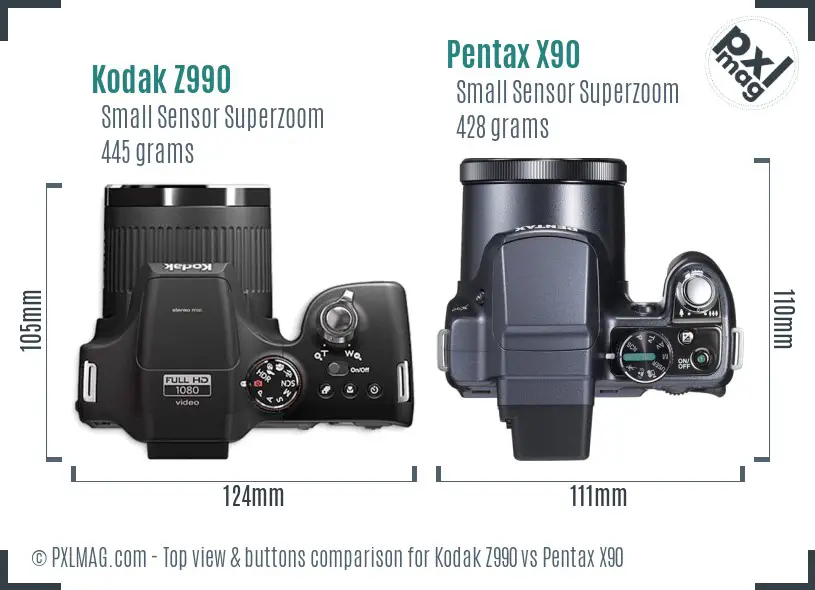 Kodak Z990 vs Pentax X90 top view buttons comparison