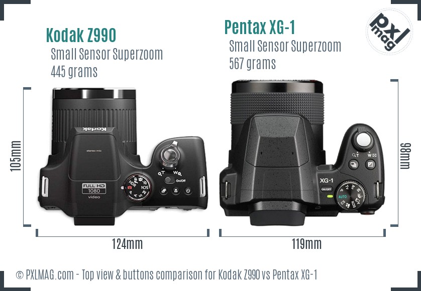 Kodak Z990 vs Pentax XG-1 top view buttons comparison