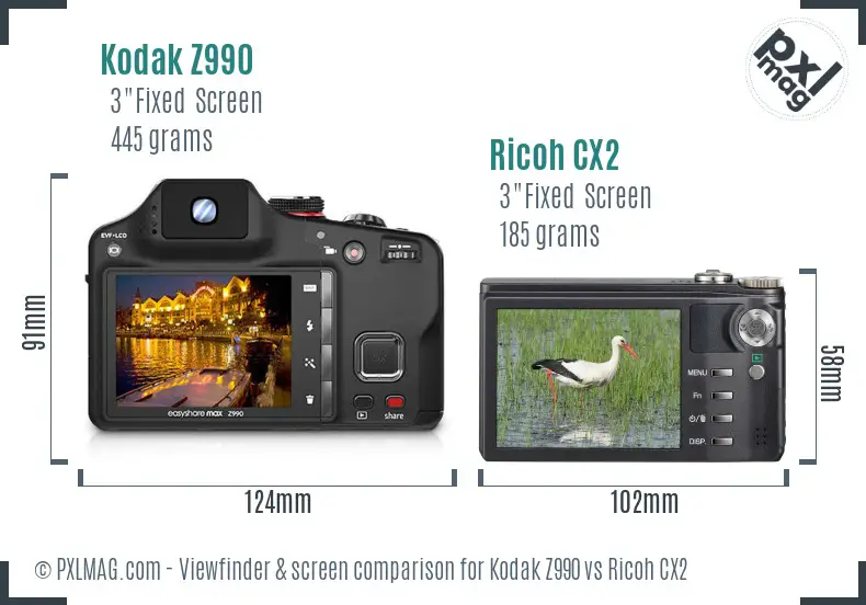 Kodak Z990 vs Ricoh CX2 Screen and Viewfinder comparison