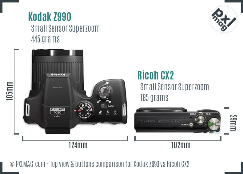 Kodak Z990 vs Ricoh CX2 top view buttons comparison
