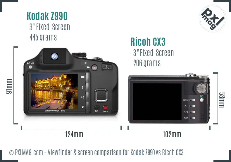 Kodak Z990 vs Ricoh CX3 Screen and Viewfinder comparison