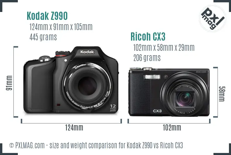 Kodak Z990 vs Ricoh CX3 size comparison