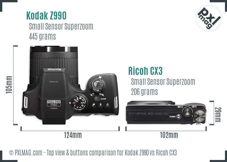 Kodak Z990 vs Ricoh CX3 top view buttons comparison