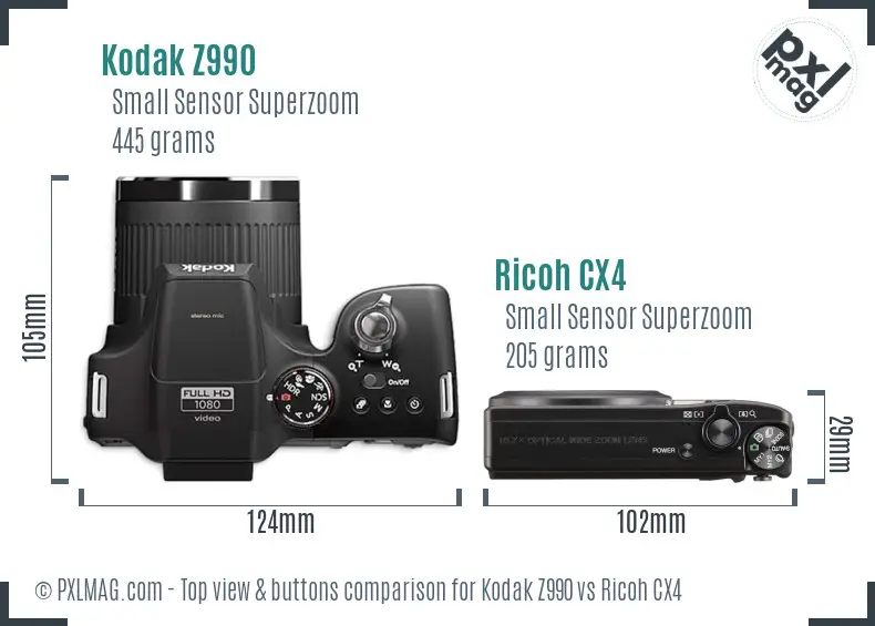 Kodak Z990 vs Ricoh CX4 top view buttons comparison Kodak Z990 vs Ricoh CX4 top view buttons comparison