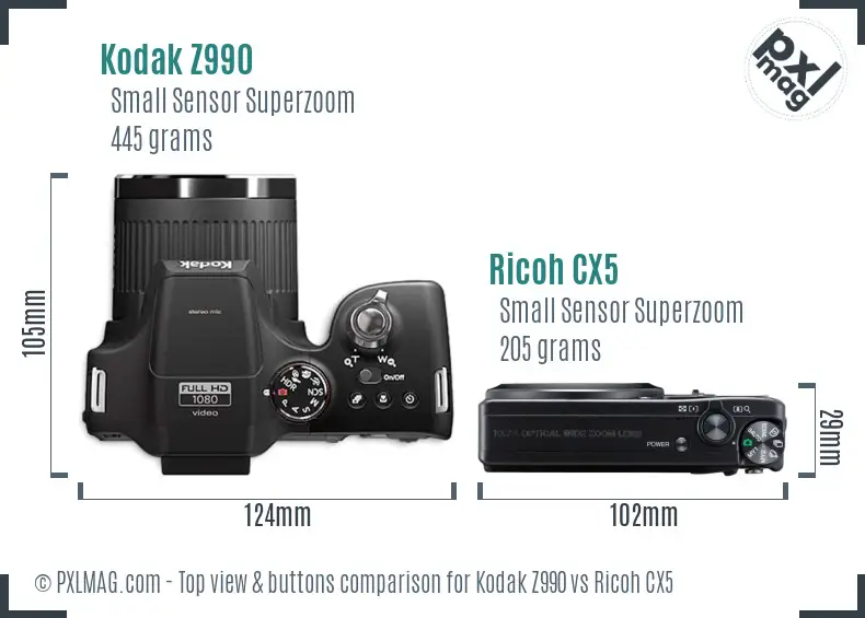 Kodak Z990 vs Ricoh CX5 top view buttons comparison Kodak Z990 vs Ricoh CX5 top view buttons comparison