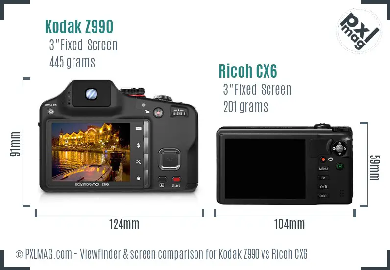 Kodak Z990 vs Ricoh CX6 Screen and Viewfinder comparison