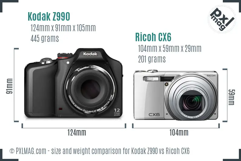 Kodak Z990 vs Ricoh CX6 size comparison