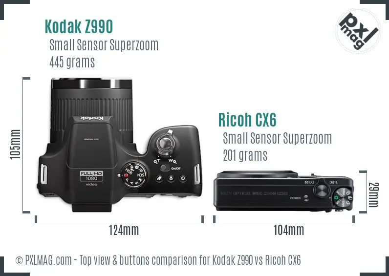 Kodak Z990 vs Ricoh CX6 top view buttons comparison
