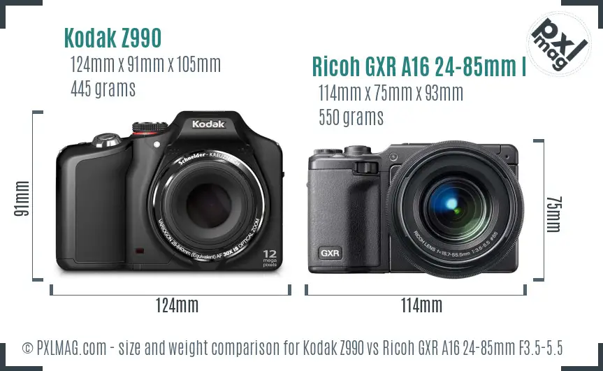 Kodak Z990 vs Ricoh GXR A16 24-85mm F3.5-5.5 size comparison
