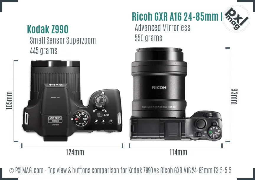 Kodak Z990 vs Ricoh GXR A16 24-85mm F3.5-5.5 top view buttons comparison