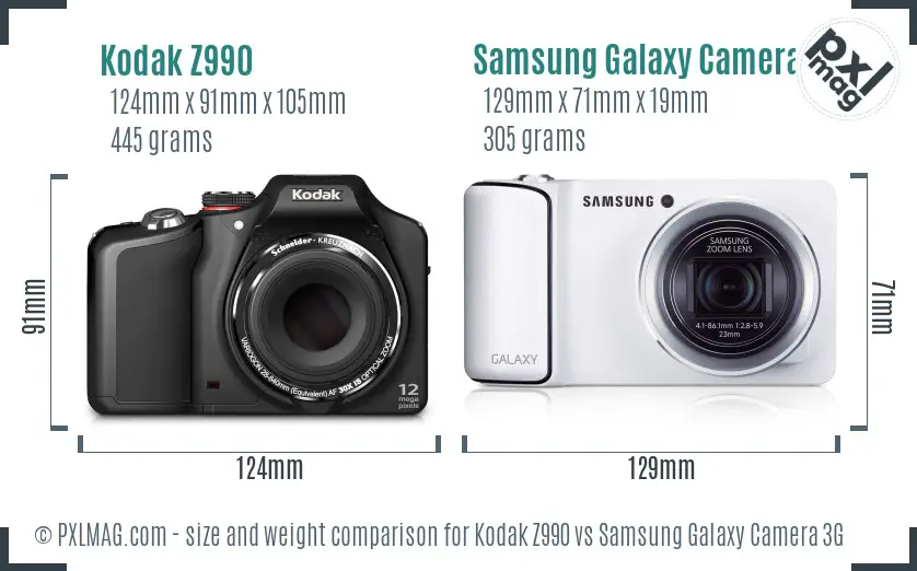 Kodak Z990 vs Samsung Galaxy Camera 3G size comparison