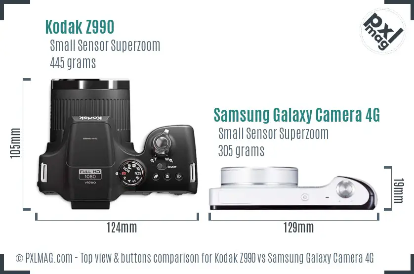 Kodak Z990 vs Samsung Galaxy Camera 4G top view buttons comparison Kodak Z990 vs Samsung Galaxy Camera 4G top view buttons comparison