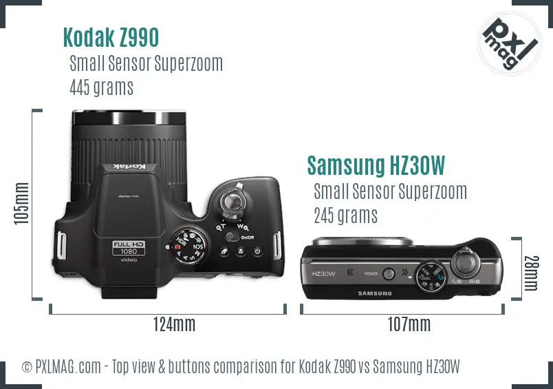 Kodak Z990 vs Samsung HZ30W top view buttons comparison Kodak Z990 vs Samsung HZ30W top view buttons comparison