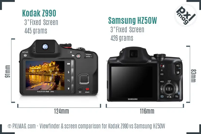 Kodak Z990 vs Samsung HZ50W Screen and Viewfinder comparison