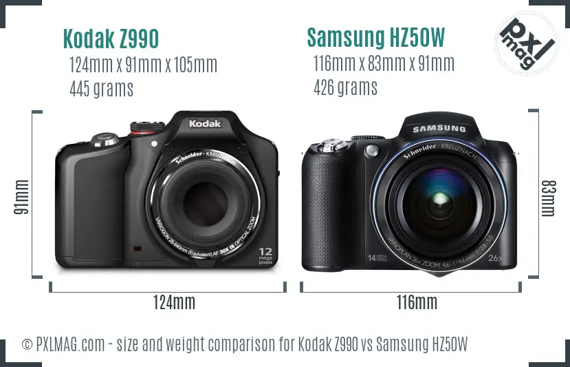 Kodak Z990 vs Samsung HZ50W size comparison