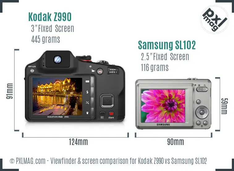 Kodak Z990 vs Samsung SL102 Screen and Viewfinder comparison