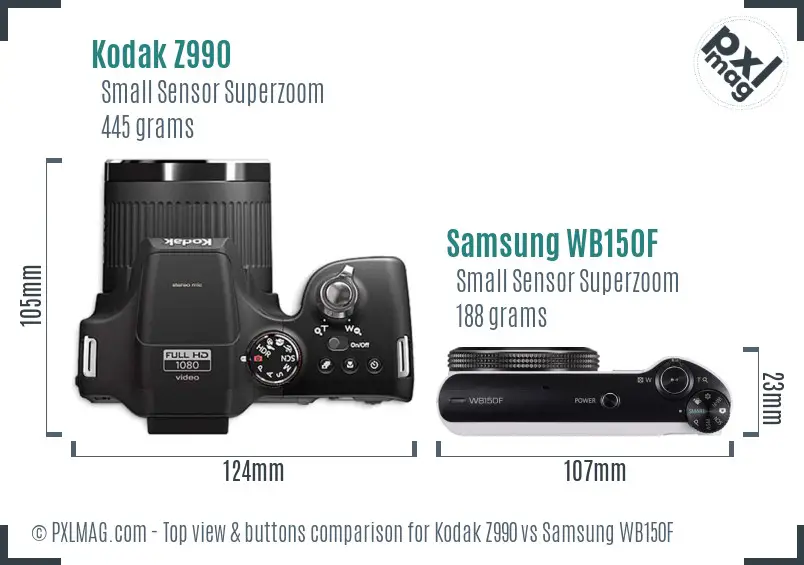 Kodak Z990 vs Samsung WB150F top view buttons comparison Kodak Z990 vs Samsung WB150F top view buttons comparison