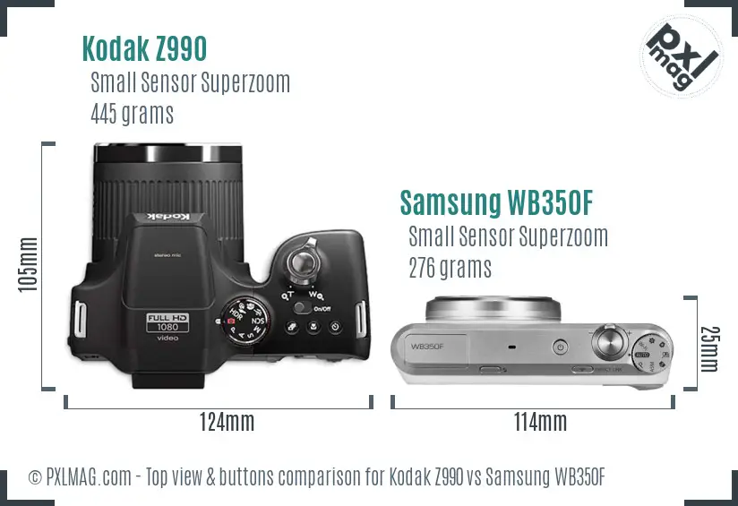 Kodak Z990 vs Samsung WB350F top view buttons comparison Kodak Z990 vs Samsung WB350F top view buttons comparison