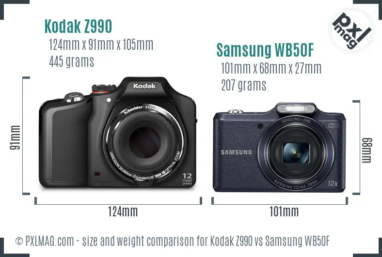 Kodak Z990 vs Samsung WB50F size comparison