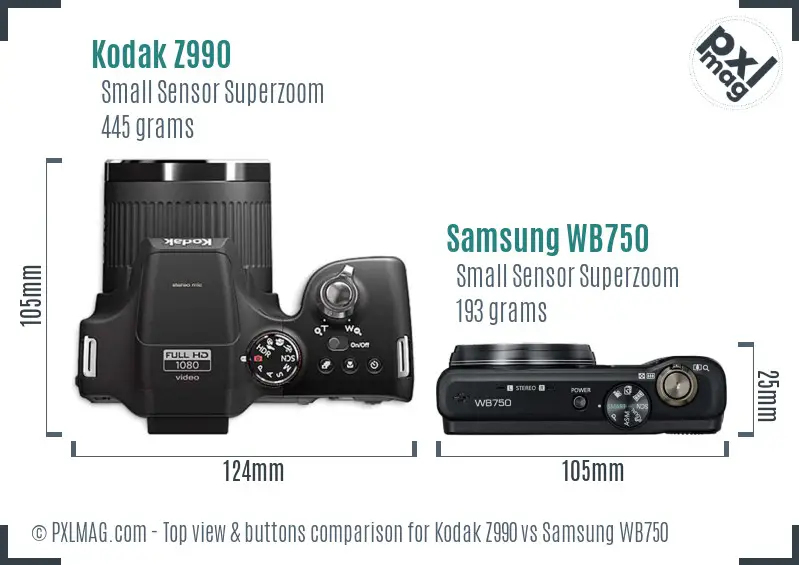 Kodak Z990 vs Samsung WB750 top view buttons comparison Kodak Z990 vs Samsung WB750 top view buttons comparison