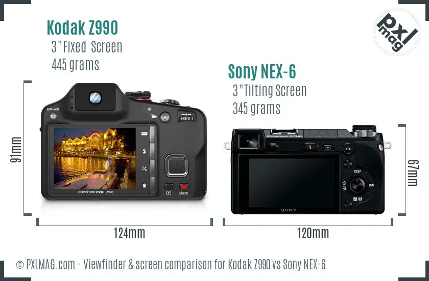 Kodak Z990 vs Sony NEX-6 Screen and Viewfinder comparison