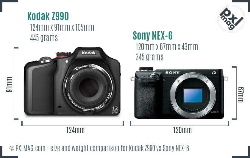 Kodak Z990 vs Sony NEX-6 size comparison