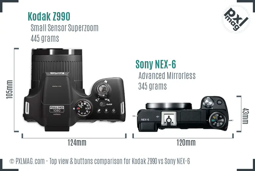Kodak Z990 vs Sony NEX-6 top view buttons comparison