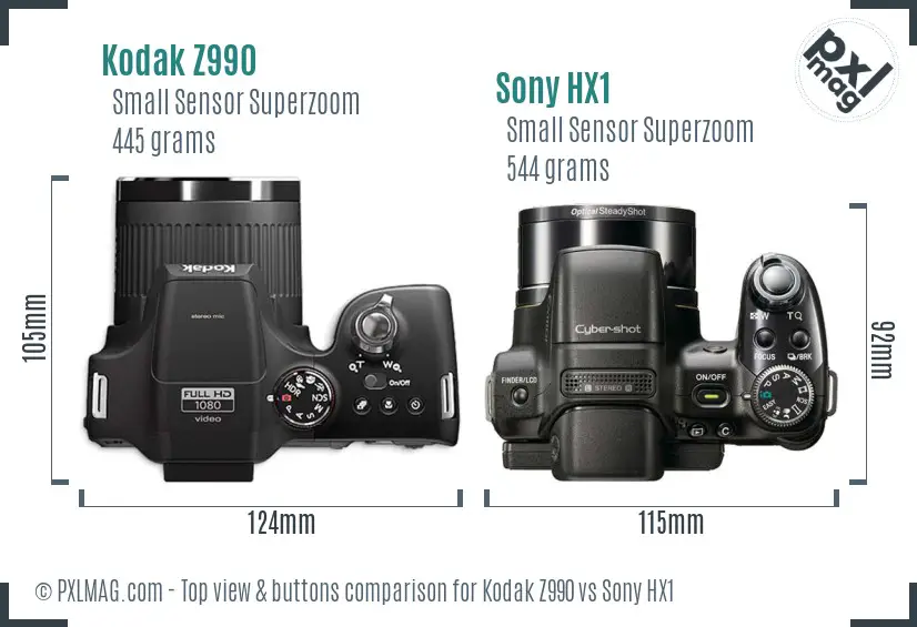 Kodak Z990 vs Sony HX1 top view buttons comparison