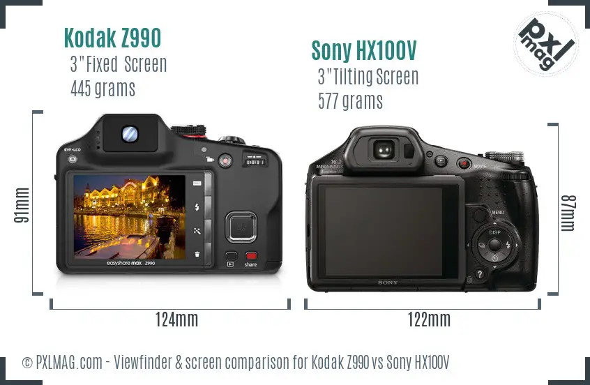 Kodak Z990 vs Sony HX100V Screen and Viewfinder comparison