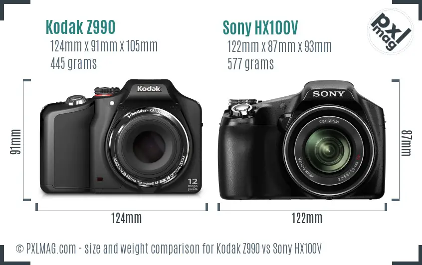Kodak Z990 vs Sony HX100V size comparison
