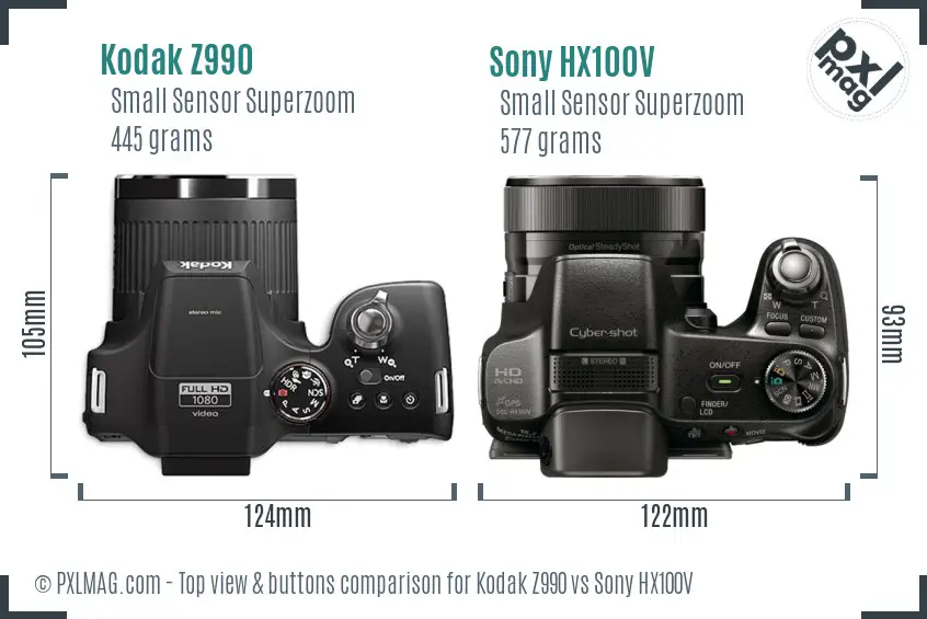 Kodak Z990 vs Sony HX100V top view buttons comparison