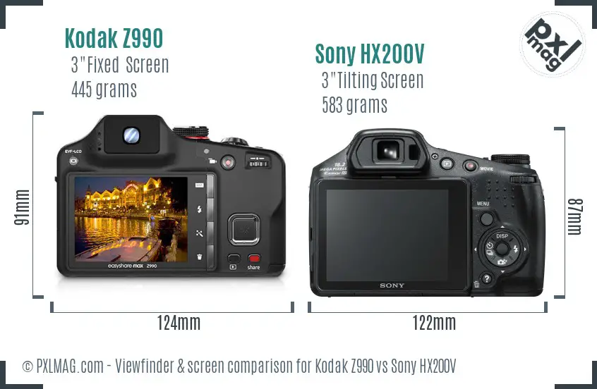 Kodak Z990 vs Sony HX200V Screen and Viewfinder comparison